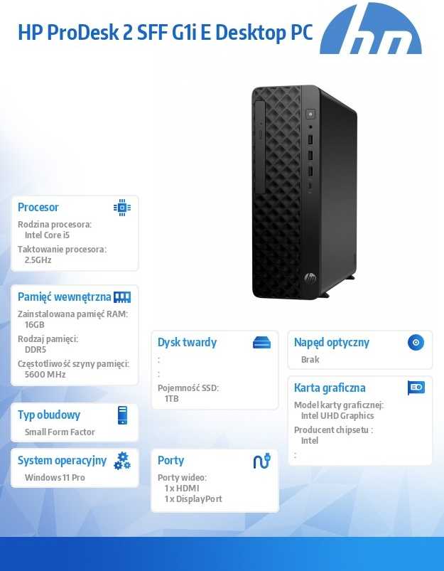 Stacionarus kompiuteris Hewlett Packard (HP) HP ProDesk 2 SFF G1i Intel® Core™ i5 i5-14400 16 GB DDR5-SDRAM 1 TB SSD Windows 11 Pro PC Juodas