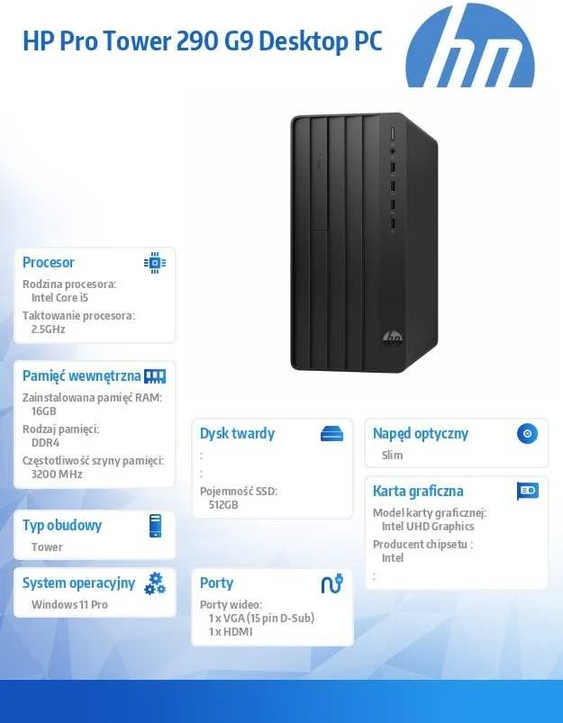 „Hewlett Packard“ (HP) „HP Pro Tower 290 G9 PCI“ su „Intel® Core™ i5“ i5-12400 16 GB DDR4-SDRAM 512 GB SSD Windows 11 Pro asmeninis kompiuteris
