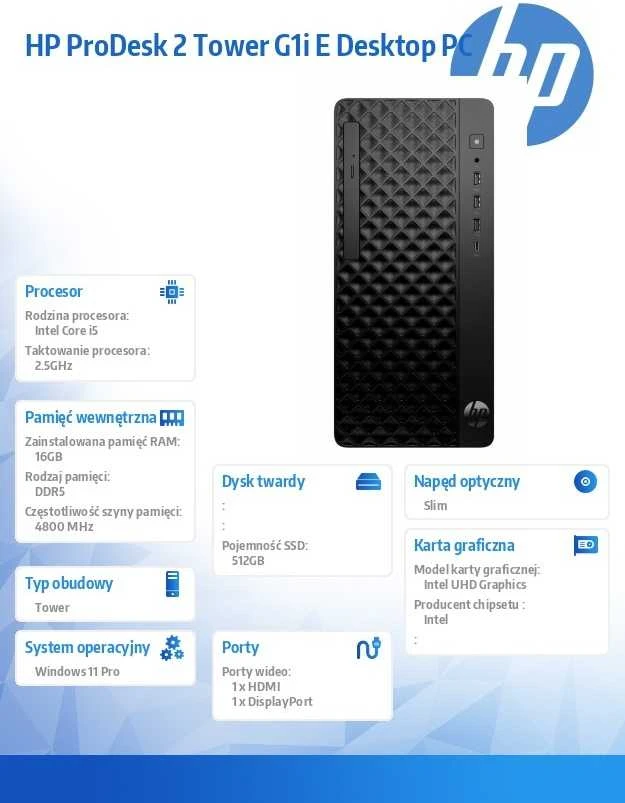 Stacionarus kompiuteris Hewlett Packard (HP) HP ProDesk 2 Tower G1i E Desktop PC Intel® Core™ i5 i5-14400 16 GB DDR5-SDRAM 512 GB SSD Windows 11 Pro Juodas