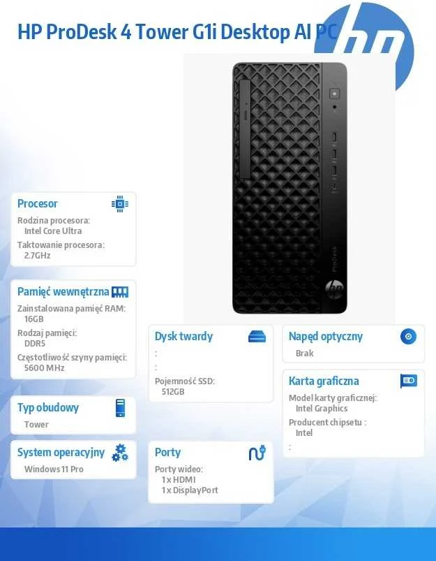 Stacionarus kompiuteris Hewlett Packard (HP) HP ProDesk 4 Tower G1i Desktop AI PC Intel Core Ultra 5 225 16 GB DDR5-SDRAM 512 GB SSD Windows 11 Pro Juodas