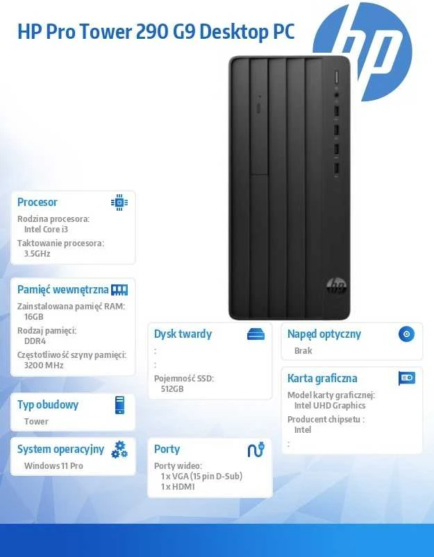 Stacionarus kompiuteris Hewlett Packard (HP) HP Pro Tower 290 G9 Intel® Core™ i3 i3-14100 16 GB DDR4-SDRAM 512 GB SSD Windows 11 Pro PC Juodas