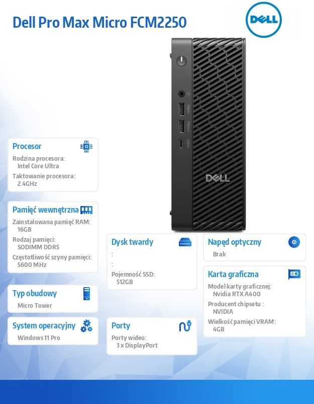 Stacionarus kompiuteris Kompiuteris „Dell Pro Max Micro FCM2250“, „Core Ultra 7 265“, 16 GB, RTX A400, 512 GB M.2 PCIe“, „Windows 11 Pro“
