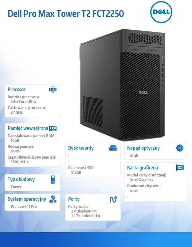 Stacionarus kompiuteris „Dell Pro Max Tower T2 FCT2250“ – „Ultra 7 265“ | 16 GB | 512 GB | „Win11Pro“