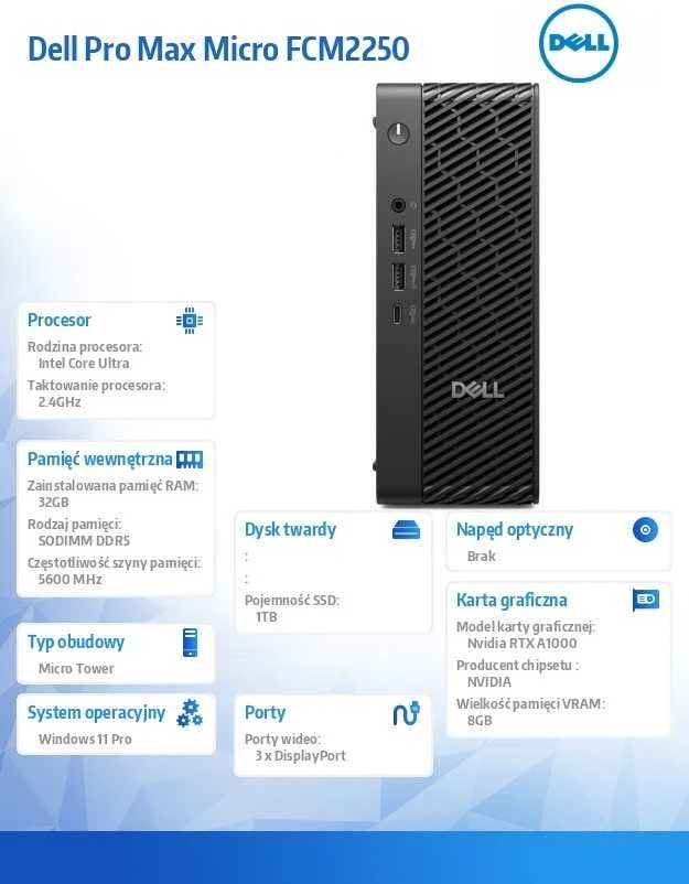 Stacionarus kompiuteris Stacja robocza dell pro max micro fcm2250 win 11 pro intel u7 265/32gb/1tb/nvidia rtx a1000 8gb/wlan + bt/wireless kb & pelė/280w/3y prosupport