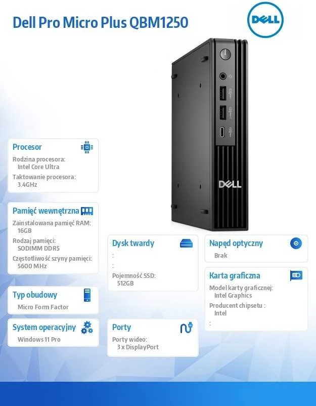 Mini PC - Dell Pro QBM1250 Plus Intel Core Ultra 5, 16GB RAM, 512GB SSD, Juoda