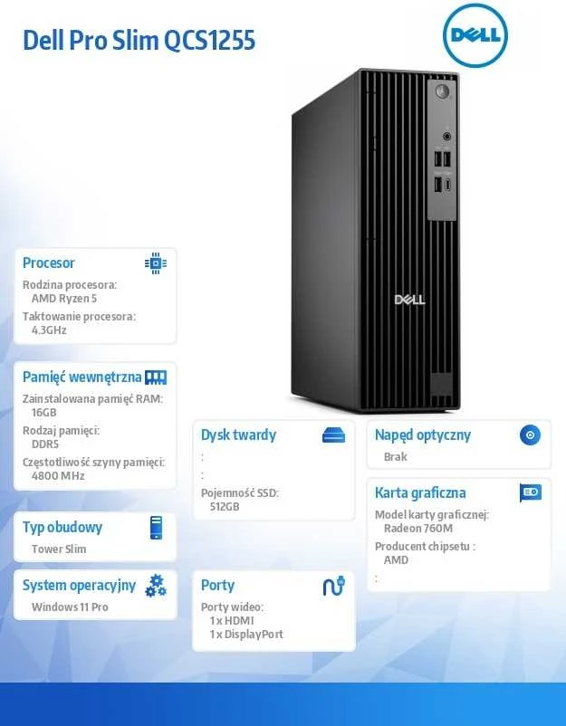 Stacionarus kompiuteris Kompiuteris „Dell Pro Slim QCS1255 W11Pro Ryzen 5 8600G“ / 1x16GB / 512GB CL25 / integruotas / belaidis + bt / kbit / tpm / 3yps