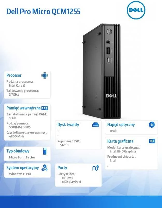 Stacionarus kompiuteris Kompiuteris Dell Pro Micro QCM1250 W11Pro i3-14100T/16GB/512GB SSD CL25/Integruotas/Wi-Fi + BT/KB/USB/PELĖ/3YS