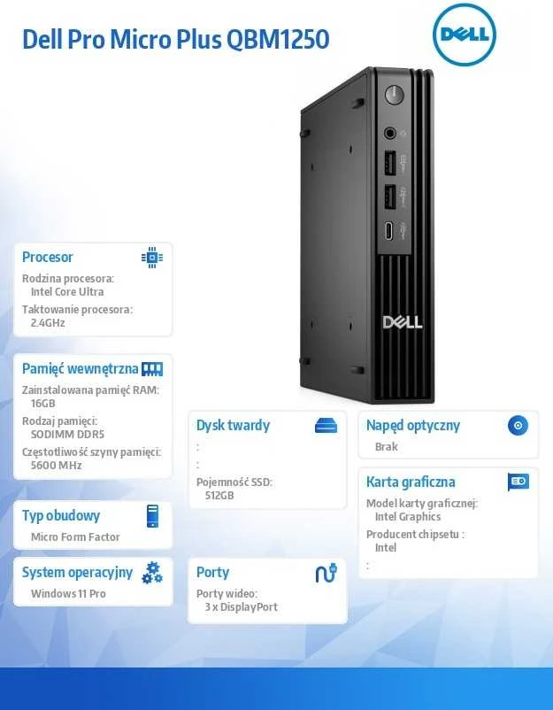 Komputer dell pro micro plus qbm1250 w11pro u7 265/16gb/512gb cl35/integrated/wlan + bt/wireless kb & pelė/3yps