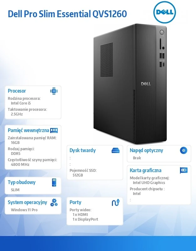 Stacionarus kompiuteris Komputer dell pro slim essential qvs1260 win11pro i5-14400/16gb/512gb ssd/intel uhd 730/wlan+bt/kb/pelė/3yps