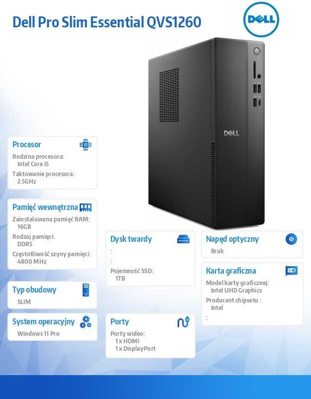 Kompiuteris „Dell Pro Slim Essential QVS1260“, „Win11Pro“, i5-14400, 16 GB, 1 TB SSD, „Intel UHD 730“, belaidis internetas, BT, KB, pelė, 3 metai