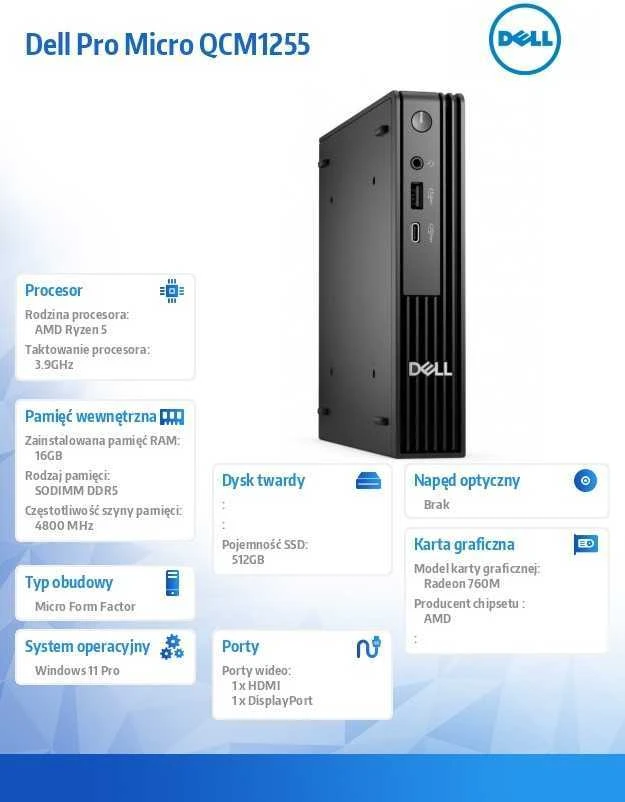 Kompiuteris Dell Pro Micro QCM1255 W11Pro Ryzen 5 Pro 8600GE/1x16GB/512GB CL35/Integruotas/Wi-Fi+BT/KB/65W/TPM/3yps