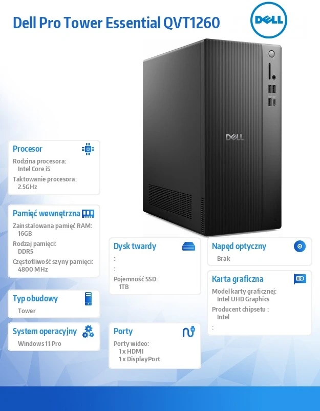 Stacionarus kompiuteris Komputer dell pro tower essential qvt1260 win11pro i5-14400/16gb/1tb ssd/intel uhd 730/wlan+bt/kb/pelė/3yps