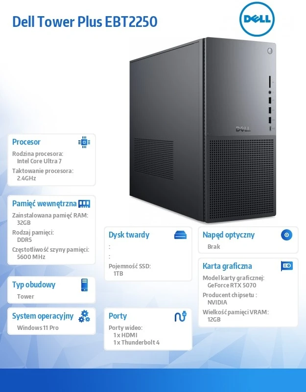 Stacionarus kompiuteris „Dell Tower Plus“ kompiuteris | „w11 pro“ | „u7 265“ | 32 GB | 1 TB SSD | „Nvidia RTX 5070“ | belaidis ryšys | belaidė klaviatūra ir pelė