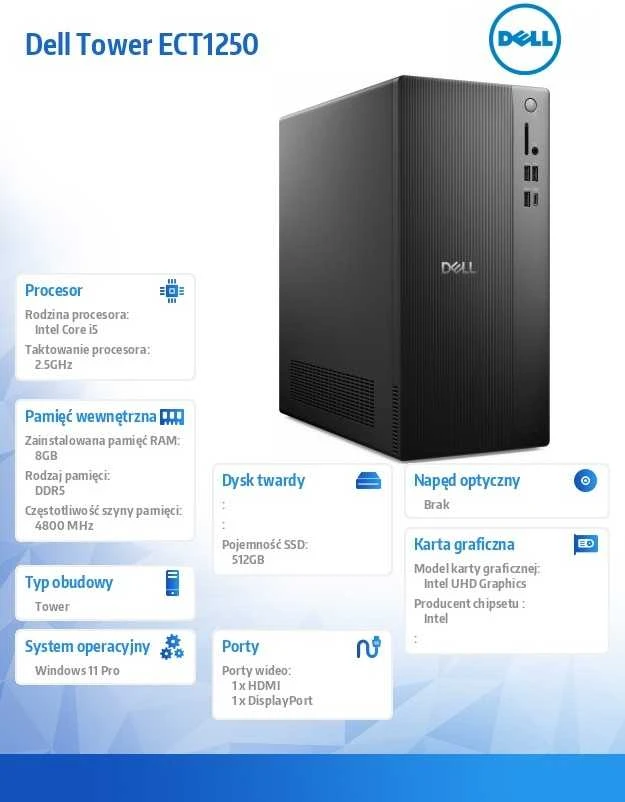 Stacionarus kompiuteris DELL ECT1250 stalinis kompiuteris, „Intel® Core™ i5-14400“, 8 GB DDR5-SDRAM, 512 GB SSD, „Windows 11 Pro“, juodas