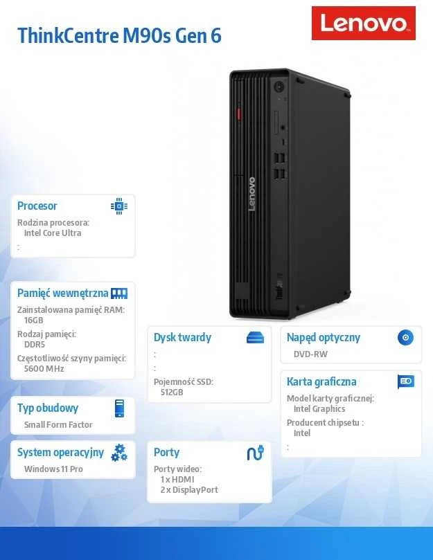 Stacionarus kompiuteris Lenovo ThinkCentre M90s Gen 6 SFF Intel Core Ultra 7 265 16 GB DDR5-SDRAM 512 GB SSD DVD±RW Windows 11 Pro PC Juodas