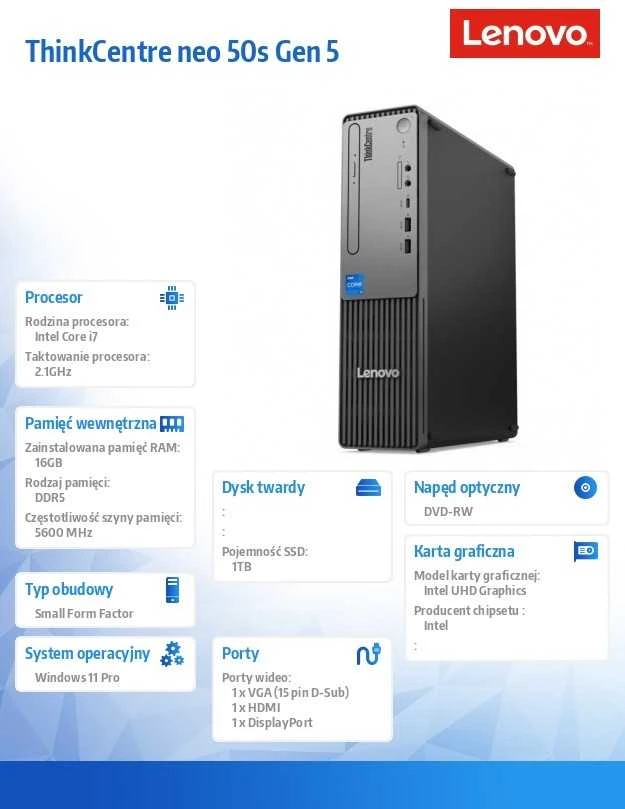 Stacionarus kompiuteris „Lenovo ThinkCentre Neo 50s G5“ – „Core i7-14700“ | 16 GB | 1 TB | DVD±RW | „Win11Pro“