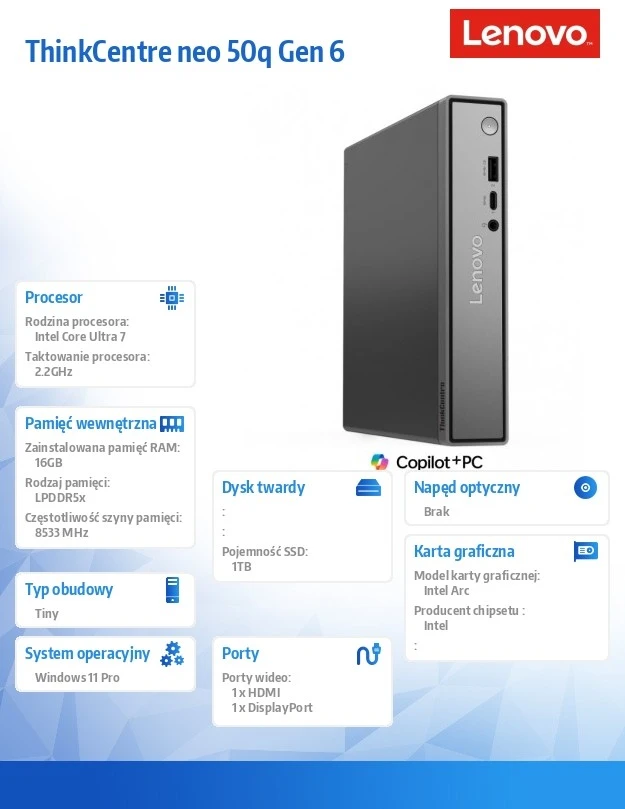 Stacionarus kompiuteris Lenovo ThinkCentre Neo 50Q Tiny G6 13HR003YPB W11Pro Ultra 7 256V/16GB/1TB/Intelligens/3yrs OS