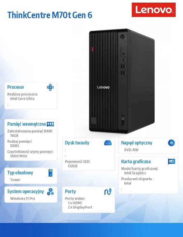 Lenovo ThinkCentre M70t Gen 6 Intel Core Ultra 5 235 16 GB DDR5-SDRAM 512 GB SSD Windows 11 Pro Tower PC Juodas