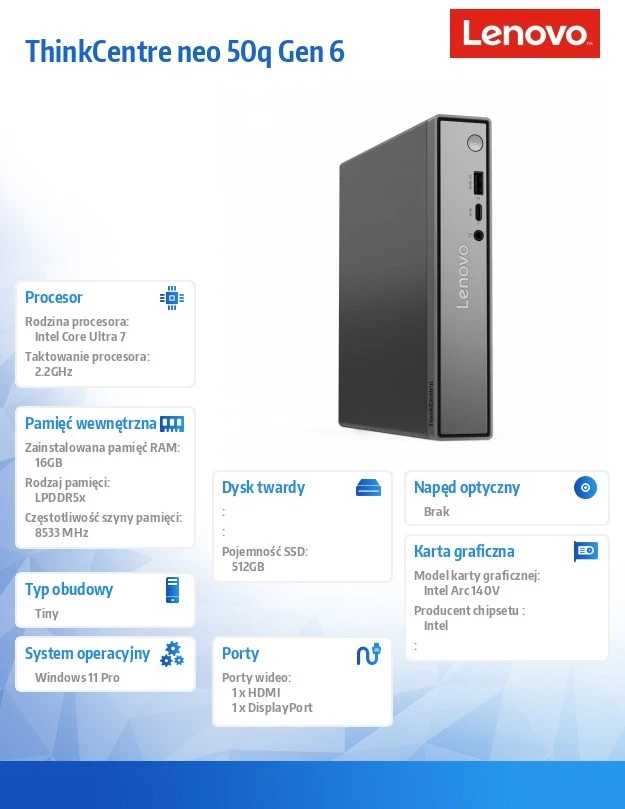 Stacionarus kompiuteris Lenovo ThinkCentre Neo 50q Tiny G6 13HR0036PB W11Pro Ultra 7 256V/16GB/512GB/Intelligens/3yrs OS