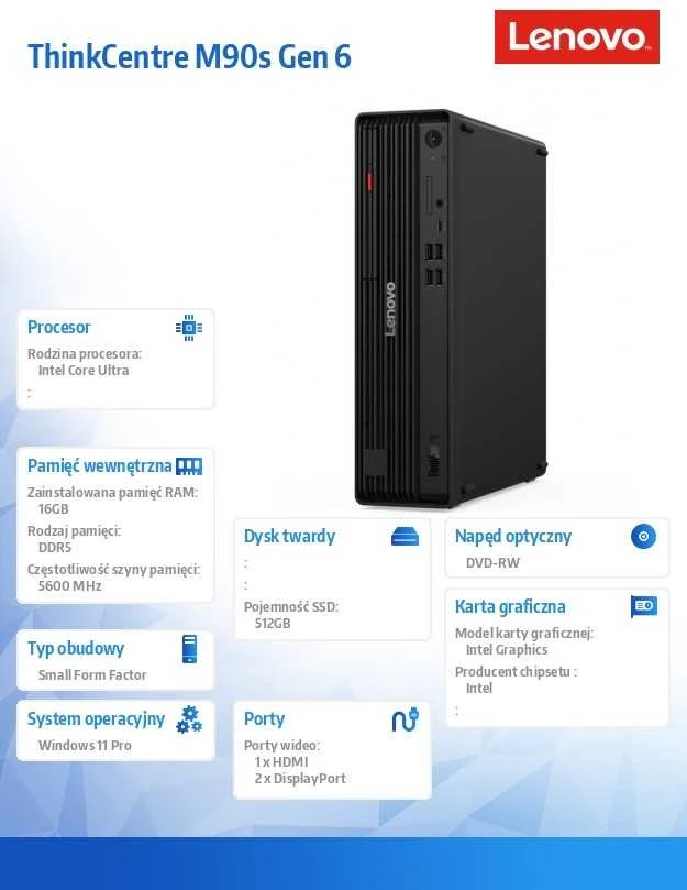 Stacionarus kompiuteris Lenovo ThinkCentre M90s Gen 6 Intel Core Ultra 5 245 16 GB DDR5-SDRAM 512 GB SSD Windows 11 Pro SFF PC Juodas