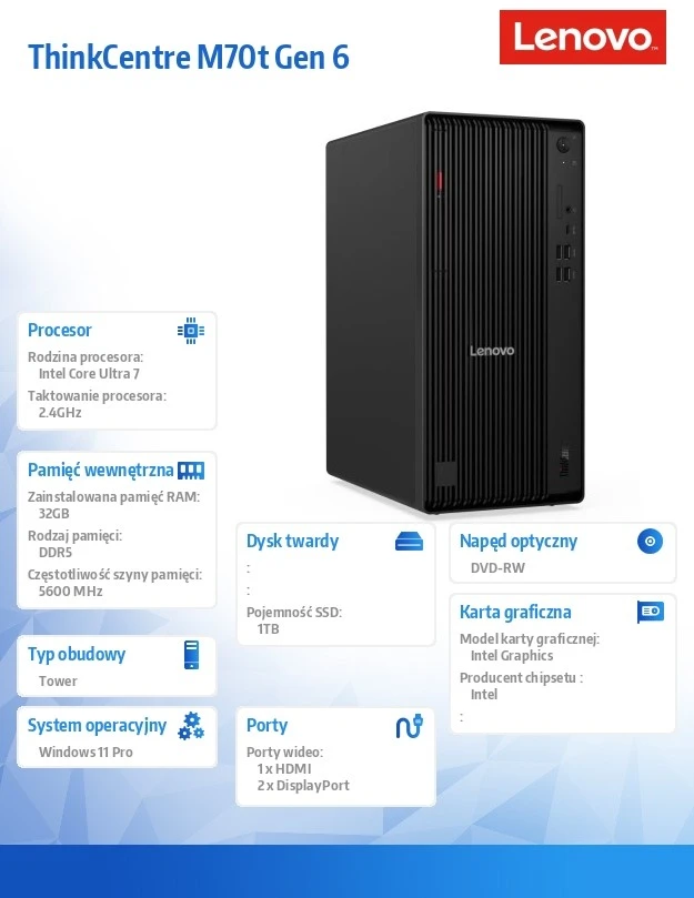 Stacionarus kompiuteris Lenovo M70t G5 U7-265 vPro 32G 1T W11P 3YOS nešiojamas kompiuteris