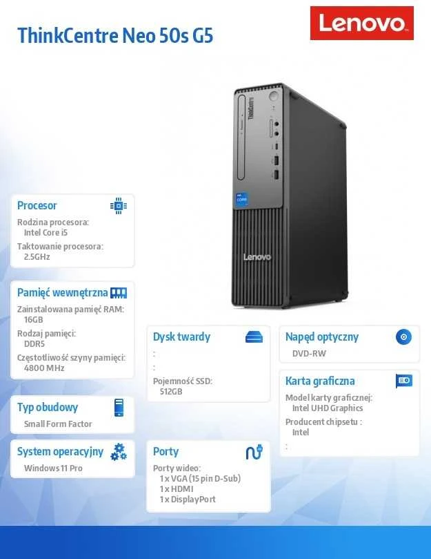 Stacionarus kompiuteris Kompiuteris Lenovo ThinkCentre neo 50s, Core i5-12400, 8 GB, Intel UHD Graphics 770, 256 GB M.2 PCIe Windows 11 Pro