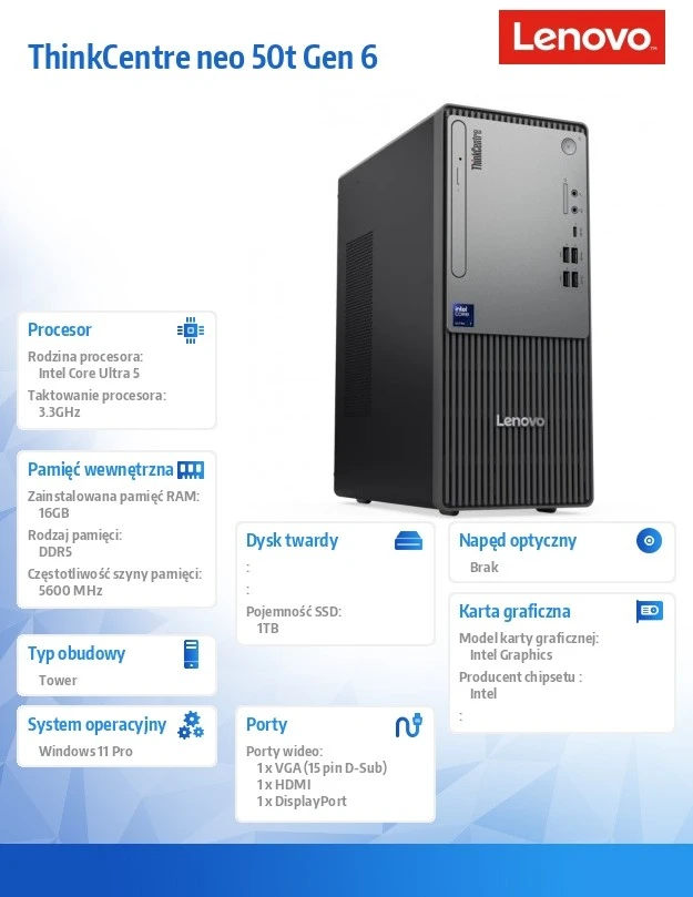 Lenovo ThinkCentre Neo 50t Gen 6 Tower 13BD0047PB Ultra 5 225 16GB 1000SSD Intl W11Pro stacionarus kompiuteris