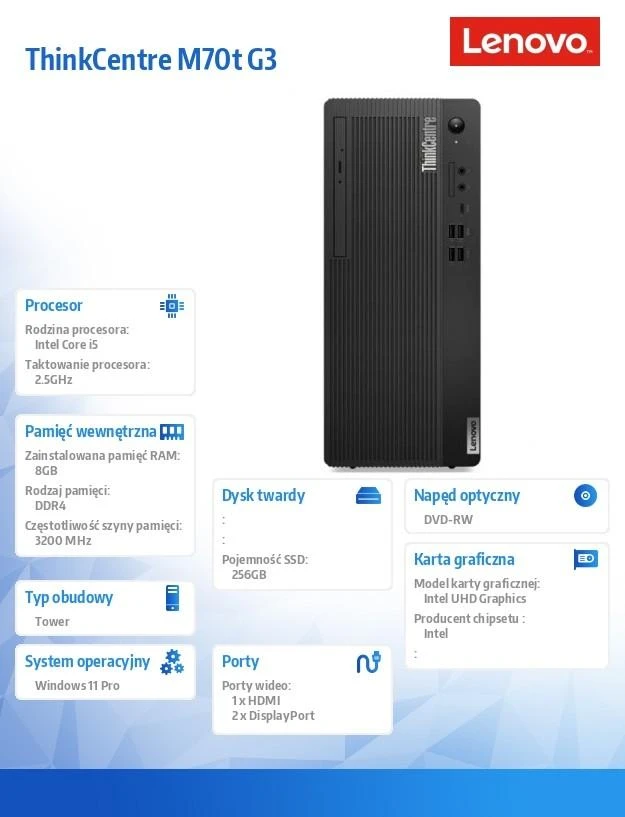 Stacionarus kompiuteris Lenovo ThinkCentre M70t, 2.5 GHz, Intel® Core™ i5, 8 GB, 256 GB, DVD±RW, Windows 11 Pro