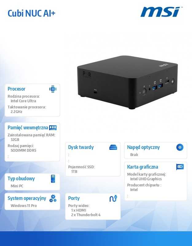 MSI Cubi NUC AI+ 2MG-001EU Intel Core Ultra 7 258V 32GB 1TB SSD WiFi + BT W11P Juodas