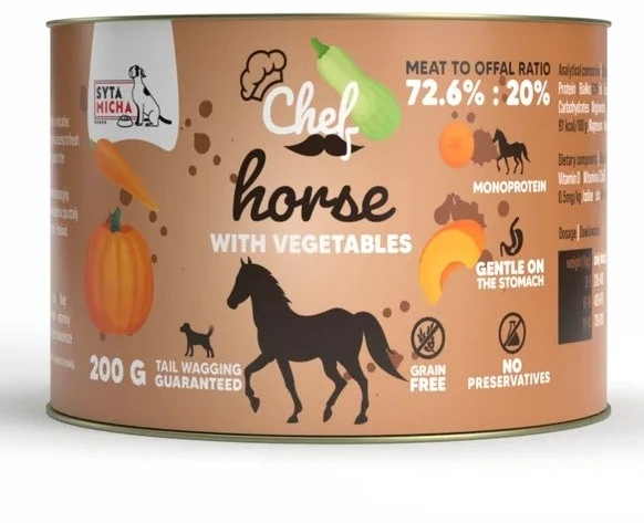 SYTA MICHA Šefas Horse with vegetables Mono – šlapias pašaras šunims – 200g