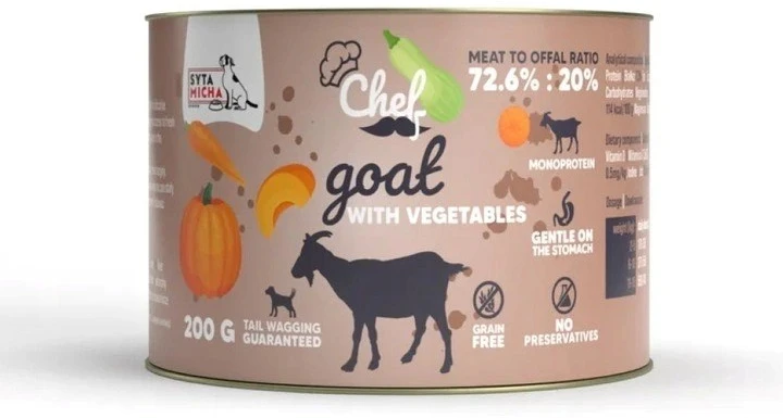 SYTA MICHA Chef Ožkiena su daržovėmis Mono - šlapias šunų maistas - 200g