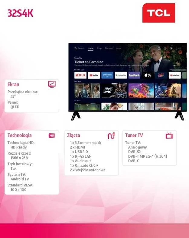 TCL HD QLED televizorius | 32S4K | 32 | Išmanusis televizorius | „Android“ televizorius | HD | Juodas