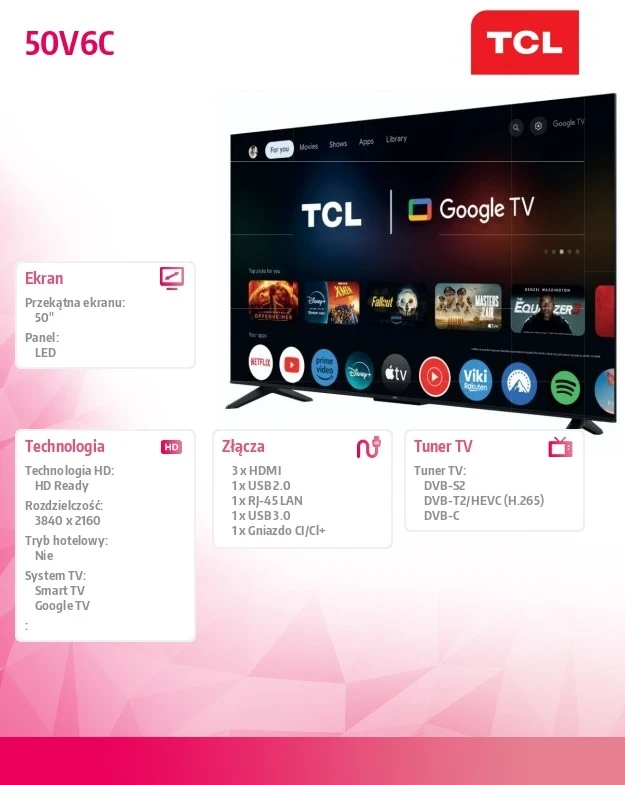 Televizorius TCL LED 4K TV | 50V6C | 50 | Smart TV | Google TV | UHD | Juodas