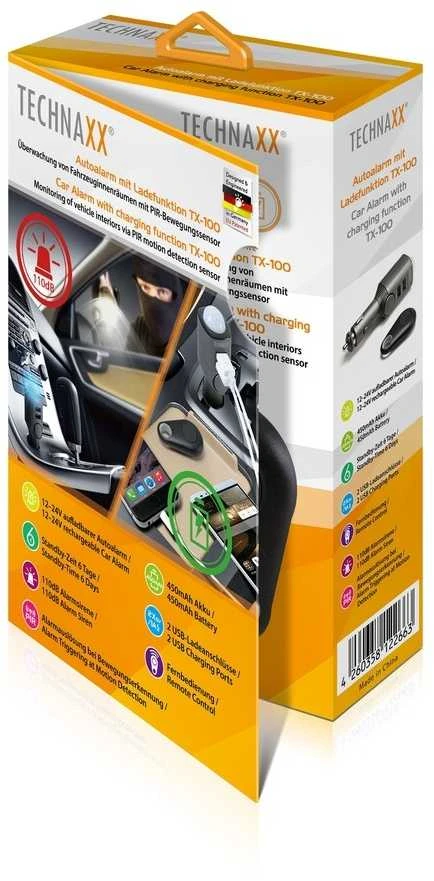 Universali signalizacija, automobilinis USB įkroviklis Technaxx Universal Mobile & Auto Alarm TX-100