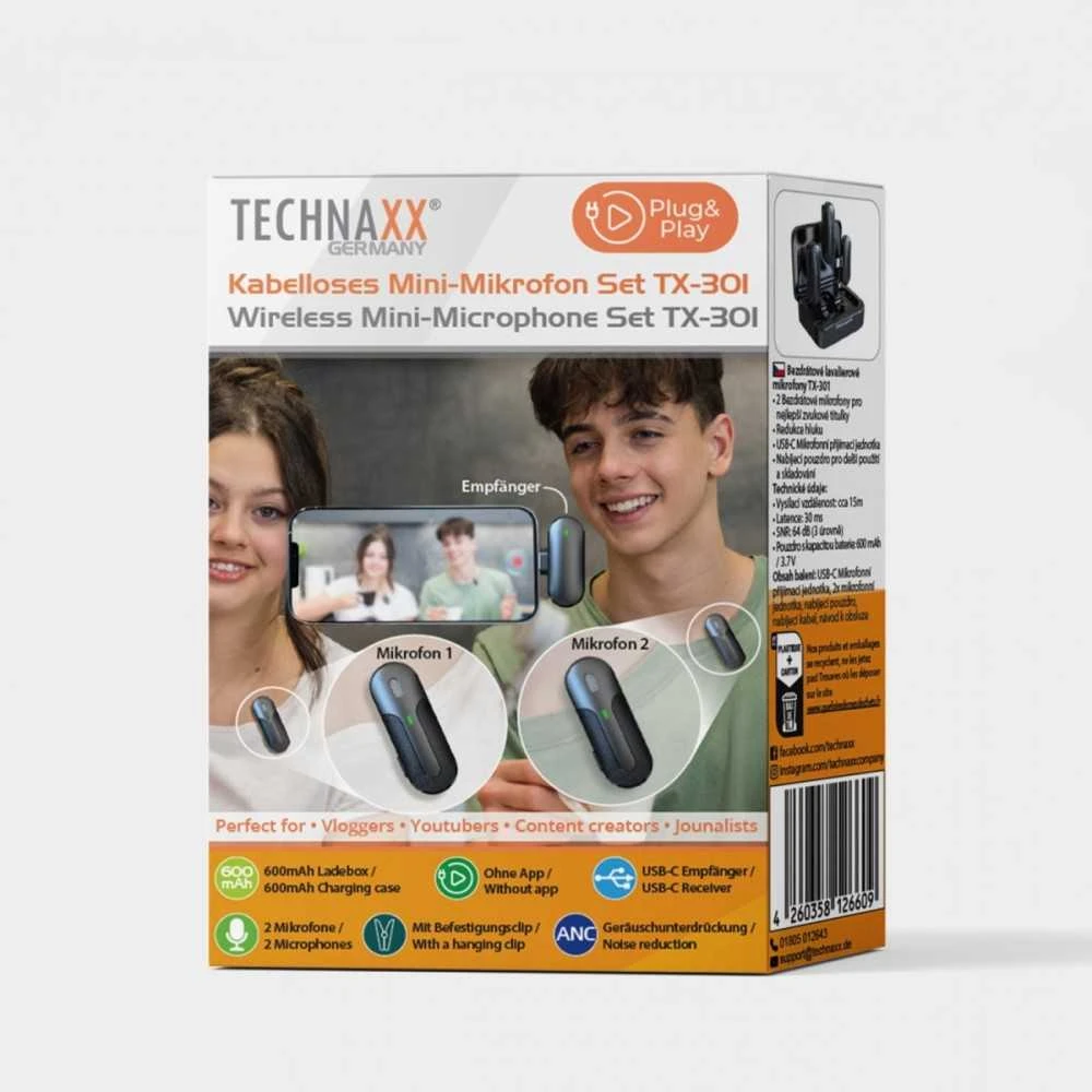 „Technaxx“ belaidžiai prisegami mikrofonai, juodas (TX-301)
