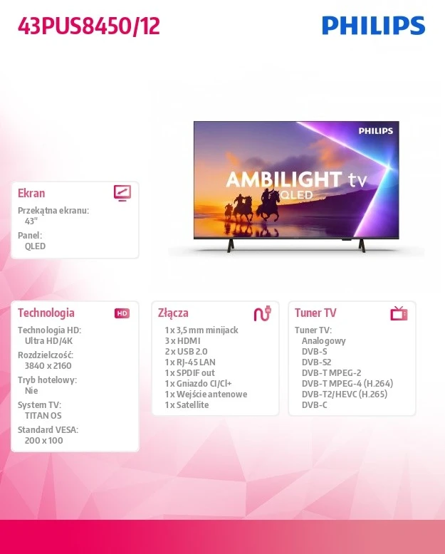 „Philips 43pus8450/12“ televizorius 109,2 cm (43") 4k ultra HD „Wi-Fi“ juodas