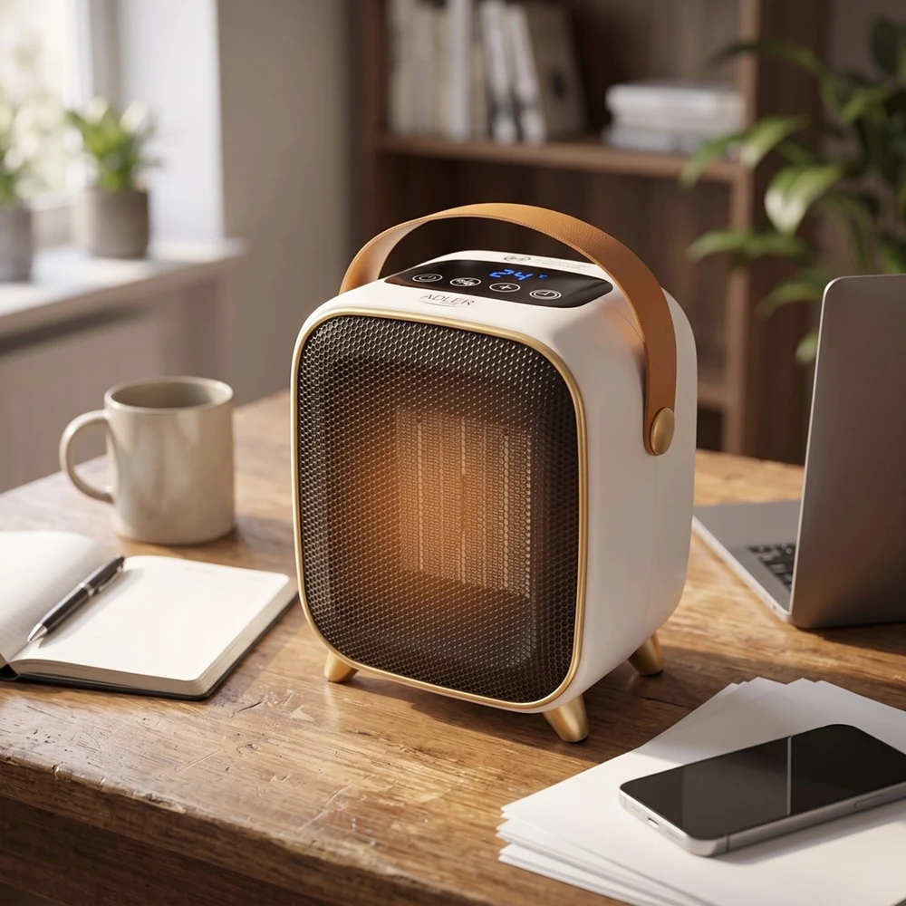 Adler AD 7762 Keraminis šildytuvas su ventiliatoriumi 1000 W, elektrinis šildytuvas su LED, 2 šildymo lygiai 700/1000 W, laikmatis iki 12 h, termostatas 15–45 °C, šalto oro pūtimas