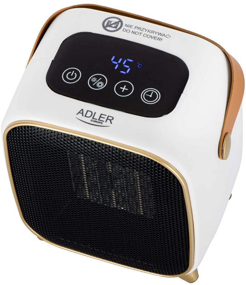 Adler AD 7762 Keraminis šildytuvas su ventiliatoriumi 1000 W, elektrinis šildytuvas su LED, 2 šildymo lygiai 700/1000 W, laikmatis iki 12 h, termostatas 15–45 °C, šalto oro pūtimas