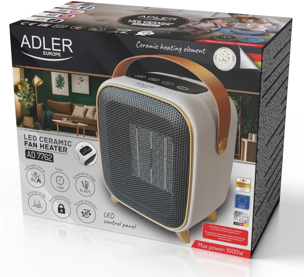 Adler AD 7762 Keraminis šildytuvas su ventiliatoriumi 1000 W, elektrinis šildytuvas su LED, 2 šildymo lygiai 700/1000 W, laikmatis iki 12 h, termostatas 15–45 °C, šalto oro pūtimas
