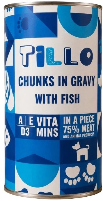 TILLO Gabalėliai padaže su žuvimi šlapias pašaras šunims 1250 g