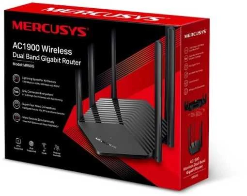Mercusys | AC1900 belaidis dviejų juostų gigabitų procesorius | MR50G | 802.11ac | 600+1300 Mbit/s | 10/100/1000 Mbit/s | Ethernet LAN (RJ-45) jungle 2 | Tinklelio atramos Nr. | MU-MiMO Taip | Nėra mobiliojo plačiajuosčio ryšio | Antenos tipas 6xFiksuotas | Kada