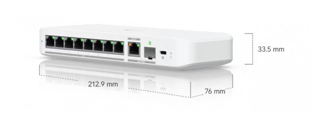 Šakotuvas UBIQUITI FLEX 2.5G LANKSTUSIS, 8 PRIESTŲ 2.5 GBE JUNGIKLIS SU 10 GBE RJ45/SFP+ KOMBINUOTU UPLINK PRIEDAS, GALIMA MAITINTI SU USB-C ARBA POE+ ADAPTERIU