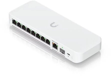 Šakotuvas UBIQUITI FLEX 2.5G LANKSTUSIS, 8 PRIESTŲ 2.5 GBE JUNGIKLIS SU 10 GBE RJ45/SFP+ KOMBINUOTU UPLINK PRIEDAS, GALIMA MAITINTI SU USB-C ARBA POE+ ADAPTERIU