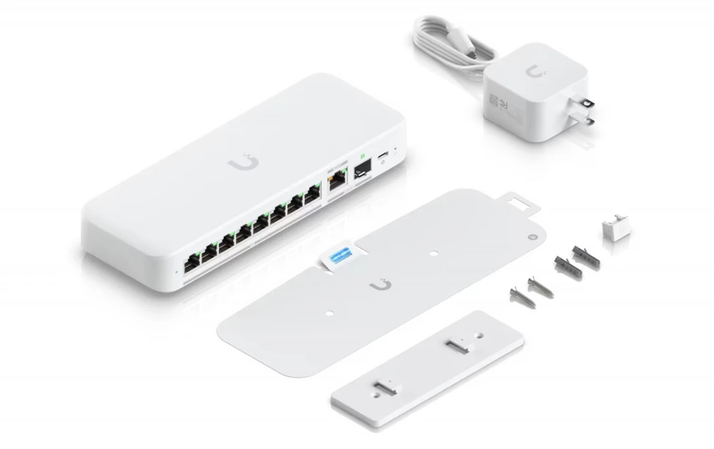 Šakotuvas UBIQUITI FLEX 2.5G LANKSTUSIS, 8 PRIESTŲ 2.5 GBE JUNGIKLIS SU 10 GBE RJ45/SFP+ KOMBINUOTU UPLINK PRIEDAS, GALIMA MAITINTI SU USB-C ARBA POE+ ADAPTERIU