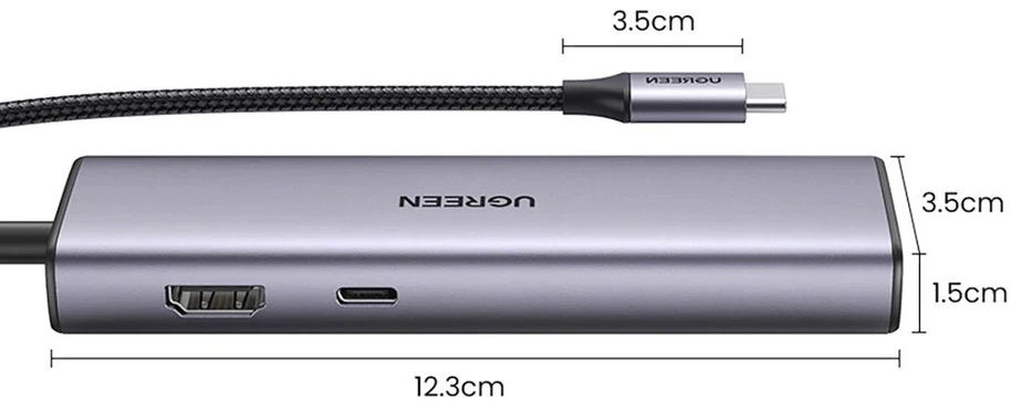 ŠAKOTĖLIS Ugreen CM512 15598 6in1 USB-C – 3x USB-A 3.0 / HDMI / RJ45 / USB-C PD - pilka