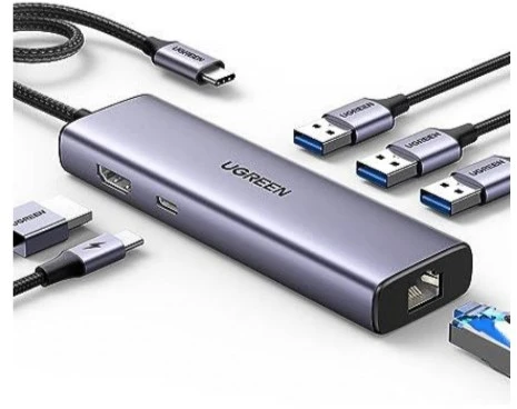 ŠAKOTĖLIS Ugreen CM512 15598 6in1 USB-C – 3x USB-A 3.0 / HDMI / RJ45 / USB-C PD - pilka