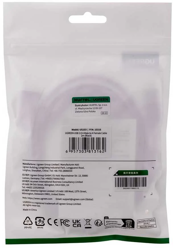 iLike UGREEN US103 USB 2.0 prailginimo kabelis 2m - Juodas