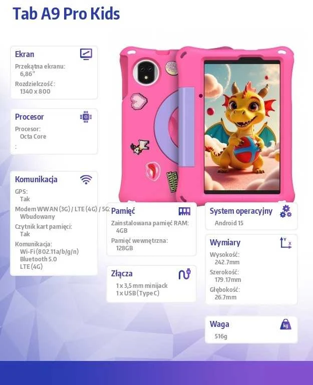 Planšetė Ulefone Tab A9 Pro Kids 4GB/128GB LTE (Rožinė)