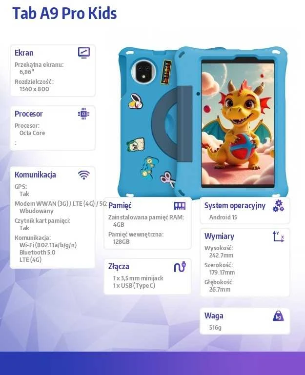 Planšetė Ulefone Tab A9 Pro Kids 4GB/128GB LTE (mėlynas)
