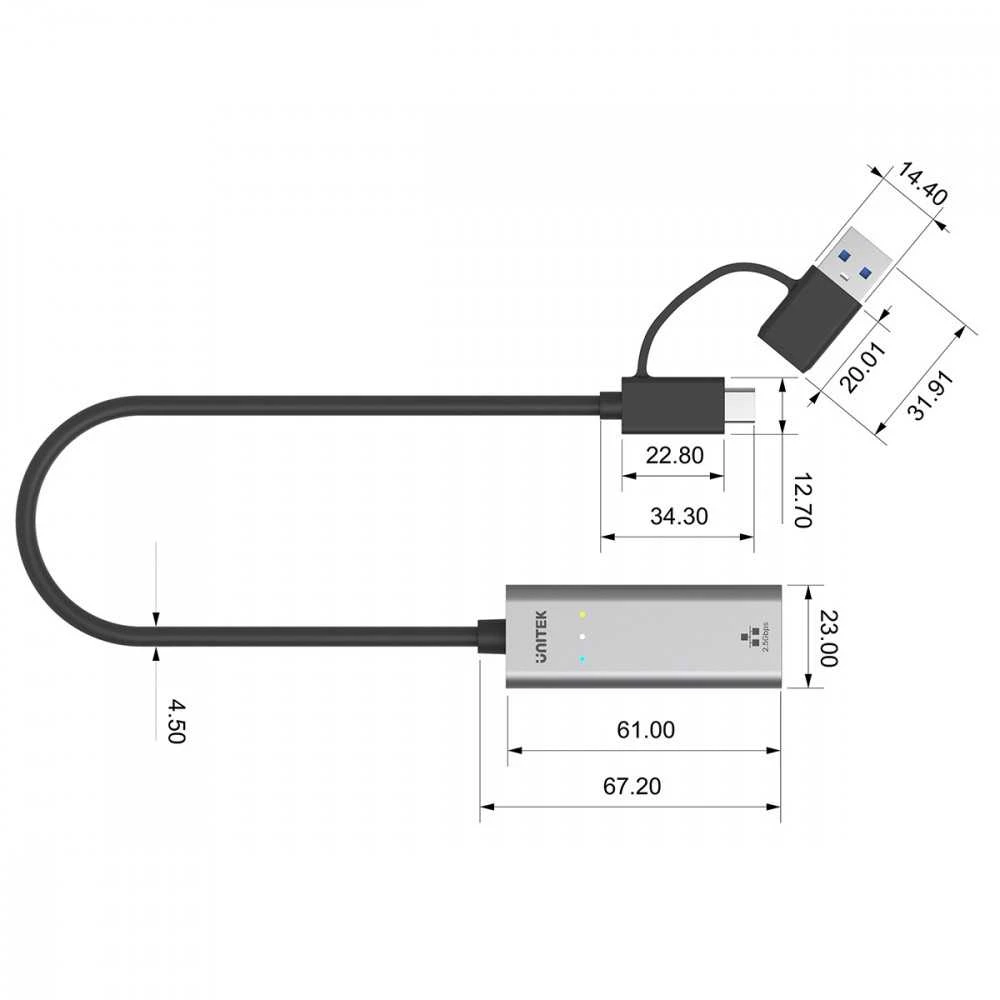 „Unitek“ adapteris USB-A/C 3.1 Gen1 RJ45; 2,5 Gbps; U1313C